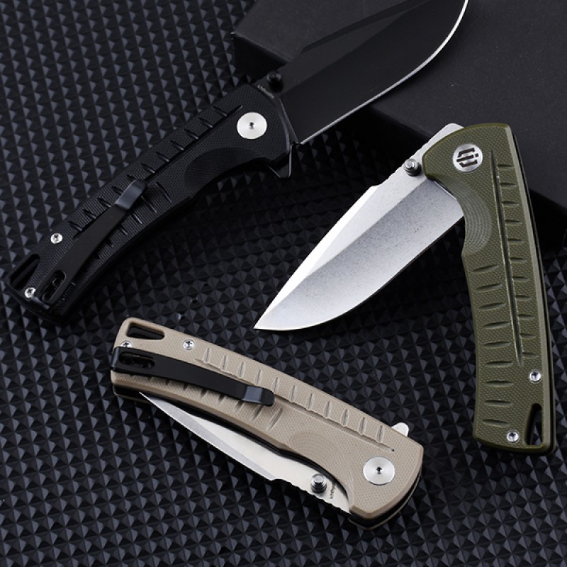 Shieldon Ichthyolite EDC Pocket Knife, 3.2" Stonewashed D2 Blade Olive G10 Handle Liner Lock Folding Knife with Clip, Qualified as Outdoor Hunting Knife 