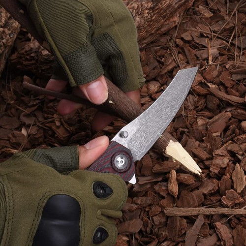 Shieldon Tortank Damascus Pocket Knife, 3.6" VG10 Blade Folding Knife, Scarlet G10 Handle with Carbon Fiber Overlay Handle, Ceramic Ball Bearing Liner Lock Ourdoor Knife for Hunting