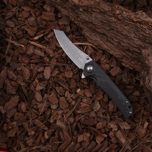 Shieldon Tortank Damascus Pocket Knife, 3.6" VG10 Blade Folding Knife, Green G10 Handle with Carbon Fiber Overlay Handle, Ceramic Ball Bearing Liner Lock Ourdoor Knife for Hunting 