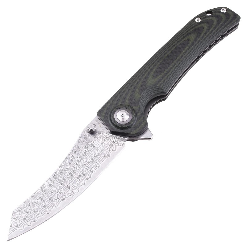 Shieldon Tortank Damascus Pocket Knife, 3.6" VG10 Blade Folding Knife, Green G10 Handle with Carbon Fiber Overlay Handle, Ceramic Ball Bearing Liner Lock Ourdoor Knife for Hunting
