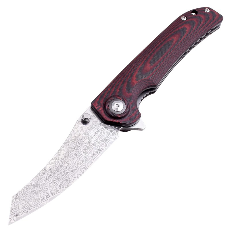 Shieldon Tortank Damascus Pocket Knife, 3.6" VG10 Blade Folding Knife, Scarlet G10 Handle with Carbon Fiber Overlay Handle, Ceramic Ball Bearing Liner Lock Ourdoor Knife for Hunting