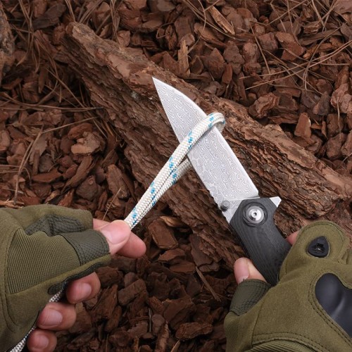 Shieldon Charkos Damascus Pocket Knife, 4.06“ VG10 Steel Blade Ball Bearing Folding Knife, Green G10 & Carbon Fiber Overlay Handle with Thumb Stud & Flipper  
