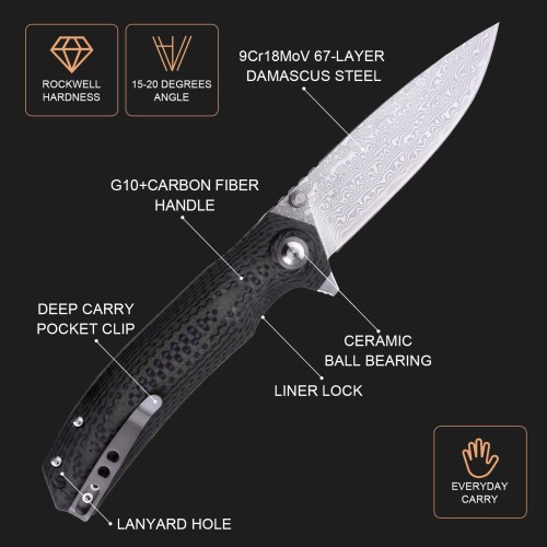 Shieldon Charkos Damascus Pocket Knife, 4.06“ VG10 Steel Blade Ball Bearing Folding Knife, Green G10 & Carbon Fiber Overlay Handle with Thumb Stud & Flipper 