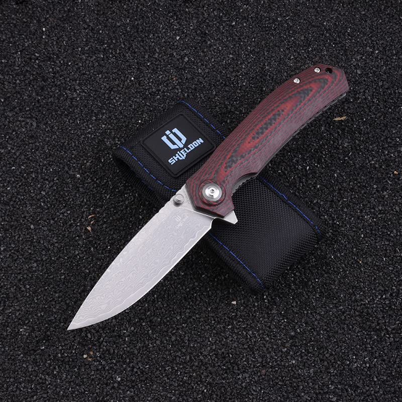 Shieldon Charkos Damascus Pocket Knife, 4.06“ VG10 Steel Blade Ball Bearing Folding Knife, Scarlet G10 & Carbon Fiber Overlay Handle with Thumb Stud & Flipper  