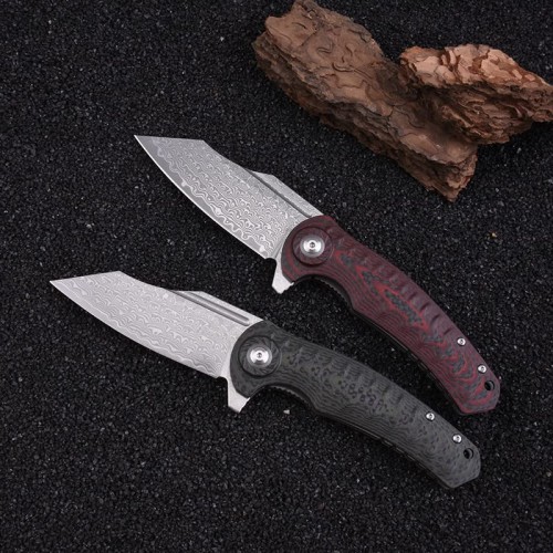 Shieldon Tranchodon Damascus Pocket Knife with Clip, 3.66" VG10 Blade Scarlet G10 Handle with Carbon Fiber Overlay, Liner Lock Ourdoor Folding Knife for Camping 