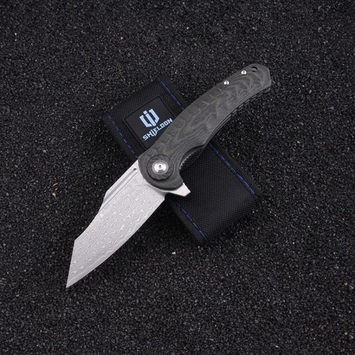 Shieldon Tranchodon Damascus Pocket Knife with Clip, 3.66" VG10 Blade Green G10 Handle with Carbon Fiber Overlay, Liner Lock Ourdoor Folding Knife for Camping 
