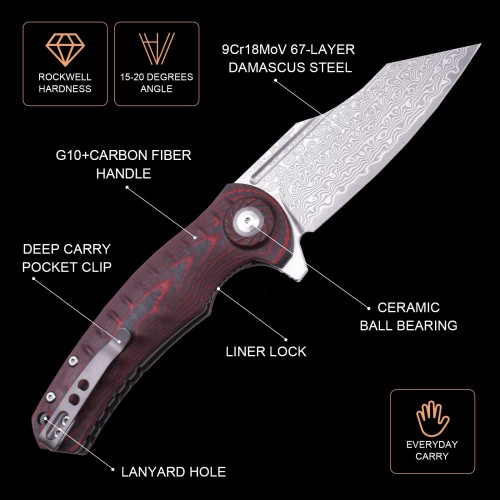 Shieldon Tranchodon Damascus Pocket Knife with Clip, 3.66" VG10 Blade Scarlet G10 Handle with Carbon Fiber Overlay, Liner Lock Ourdoor Folding Knife for Camping