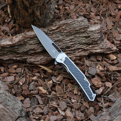 Shieldon Barraskewda EDC Knife, 3.74" Gray D2 Blade Metal & Carbon Fiber Handle Frame Lock Pocket Knife, Reverse Tanto EDC Folding Knife 