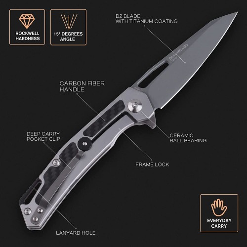 Shieldon Barraskewda EDC Knife, 3.74" Gray D2 Blade Metal & Carbon Fiber Handle Frame Lock Pocket Knife, Reverse Tanto EDC Folding Knife