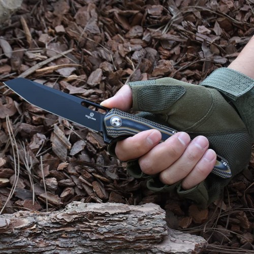 Shieldon Boa Pocket Knife, 3.82" Tanto D2 Titanium Coating Blade with G10 Handle Folding Knife, Thumb Hole and Flipper Opener, Unique Tool Gift for Everyday Carry 