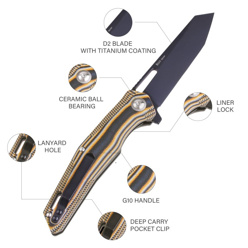 Shieldon Boa Pocket Knife, 3.82" Tanto D2 Titanium Coating Blade with G10 Handle Folding Knife, Thumb Hole and Flipper Opener, Unique Tool Gift for Everyday Carry 