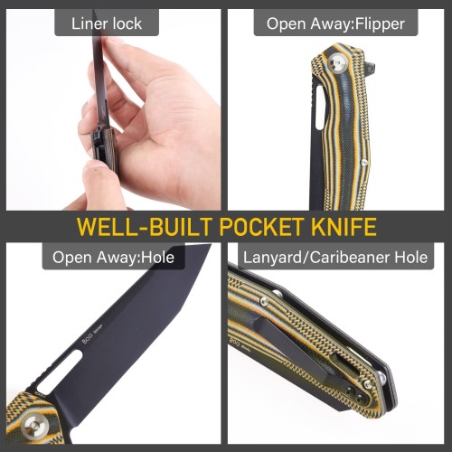 Shieldon Boa Pocket Knife, 3.82" Tanto D2 Titanium Coating Blade with G10 Handle Folding Knife, Thumb Hole and Flipper Opener, Unique Tool Gift for Everyday Carry
