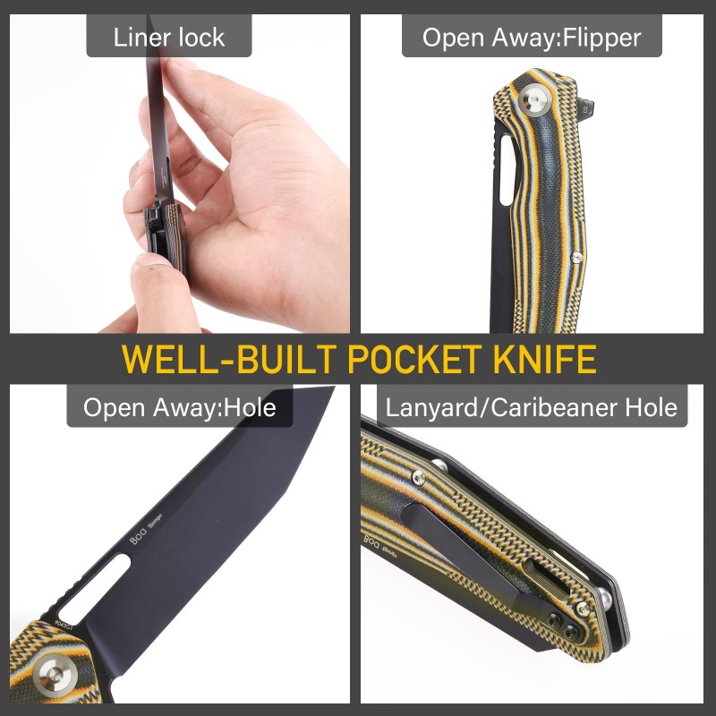 Shieldon Boa Pocket Knife, 3.82" Tanto D2 Titanium Coating Blade with G10 Handle Folding Knife, Thumb Hole and Flipper Opener, Unique Tool Gift for Everyday Carry 