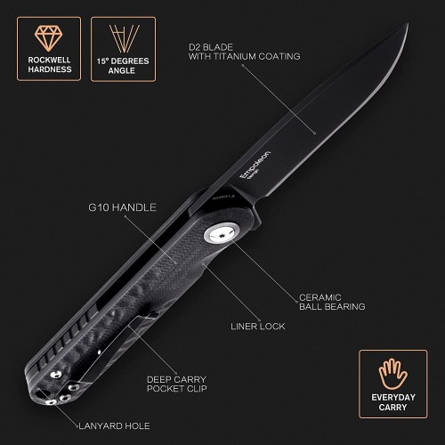 Shieldon Empoleon Pocket Knife, 3.54" Black Titanium Coating D2 Blade G10 Handle Ball Bearings Pivot Flipper Folding Knife Covert Slim EDC Knife 