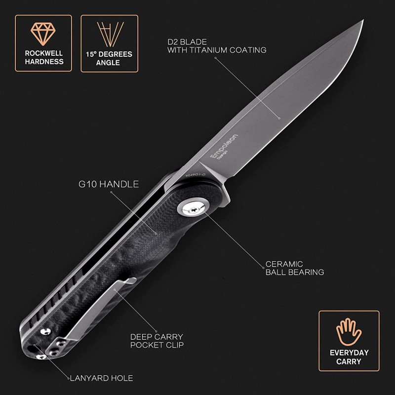 Shieldon Empoleon Pocket Knife, 3.54" Gray Titanium Coating D2 Blade G10 Handle Ball Bearings Pivot Flipper Folding Knife Covert Slim EDC Knife 