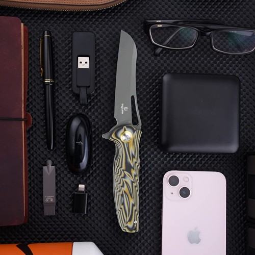 Shieldon Bazoucan EDC Pocket Knife, 3.43" Titanium Coating D2 Blade, Yellow&Black Ripple G10 Handle Liner Lock EDC Gear Knife Camping Knife Pocket Knife