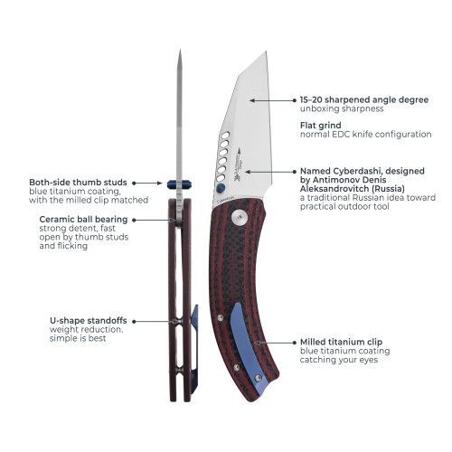 Shieldon Cyberdashi Outdoor Knife, 154CM Steel 3“  Satin Finish Blade G10 & Carbon Fiber Ergonomic Handle Folding Knife with Titanium Pocket Clip & Thumb Stud