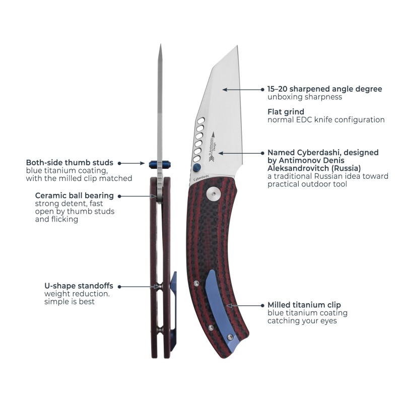 Shieldon Cyberdashi Outdoor Knife, 154CM Steel 3“  Satin Finish Blade G10 & Carbon Fiber Ergonomic Handle Folding Knife with Titanium Pocket Clip & Thumb Stud 