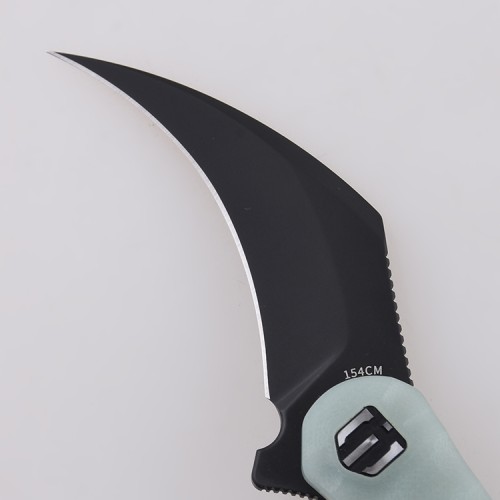 Shieldon Scythe Folding Knife 2.55" Diamond Like Coating 154CM Steel Hawkbill Point Blade with Jade G10 Handle & Reversible Wire Pocket Clip