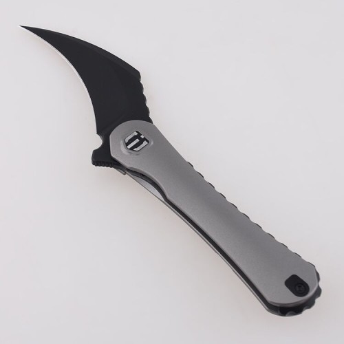 Shieldon Scythe Folding Knife 2.55" Diamond Like Coating 154CM Steel Hawkbill Point Blade with Titanium Handle & Reversible Wire Pocket Clip