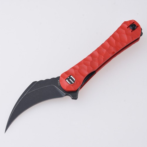 Shieldon Scythe Folding Knife 2.92" Titanium Coating 154CM Steel Hawkbill Point Blade with Red G10 Handle & Reversible Wire Pocket Clip