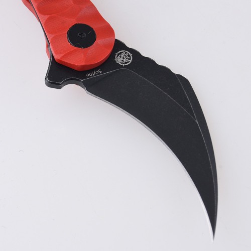 Shieldon Scythe Folding Knife 2.92" Titanium Coating 154CM Steel Hawkbill Point Blade with Red G10 Handle & Reversible Wire Pocket Clip