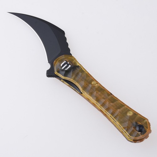 Shieldon Scythe Folding Knife 2.92" Titanium Coating 154CM Steel Hawkbill Point Blade with Amber PEI Transparent Handle & Reversible Wire Pocket Clip