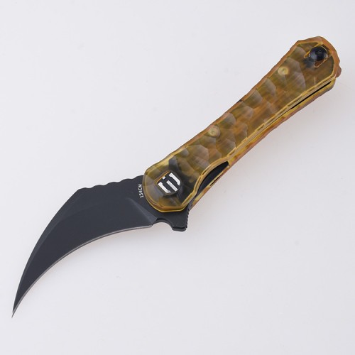 Shieldon Scythe Folding Knife 2.92" Titanium Coating 154CM Steel Hawkbill Point Blade with Amber PEI Transparent Handle & Reversible Wire Pocket Clip