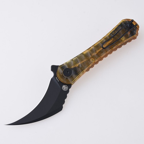 Shieldon Scythe Folding Knife 2.92" Titanium Coating 154CM Steel Hawkbill Point Blade with Amber PEI Transparent Handle & Reversible Wire Pocket Clip