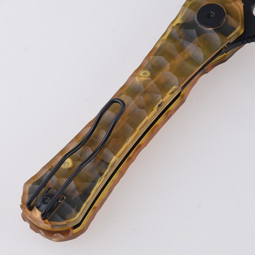 Shieldon Scythe Folding Knife 2.92" Titanium Coating 154CM Steel Hawkbill Point Blade with Amber PEI Transparent Handle & Reversible Wire Pocket Clip