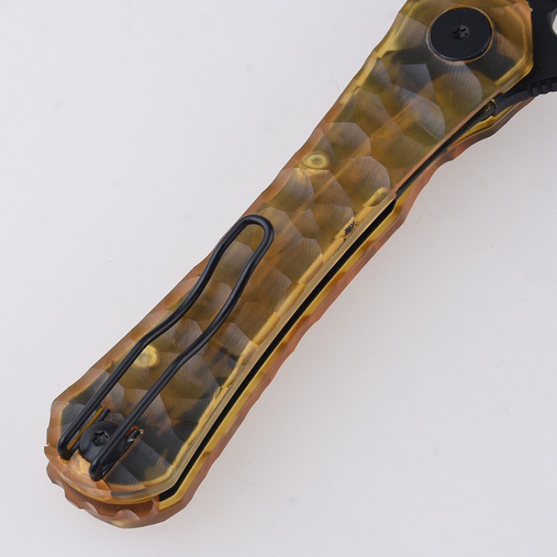 Shieldon Scythe Folding Knife 2.92" Titanium Coating 154CM Steel Hawkbill Point Blade with Amber PEI Transparent Handle & Reversible Wire Pocket Clip 