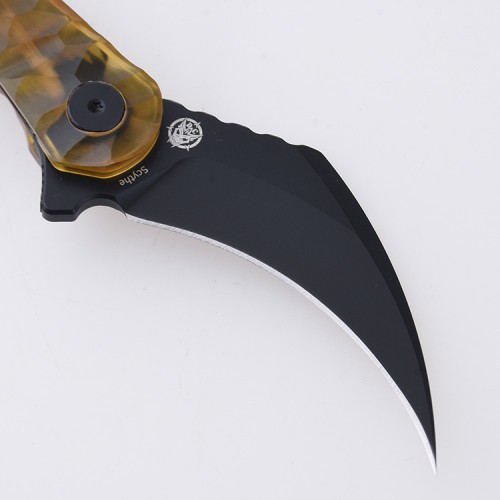 Shieldon Scythe Folding Knife 2.92" Titanium Coating 154CM Steel Hawkbill Point Blade with Amber PEI Transparent Handle & Reversible Wire Pocket Clip