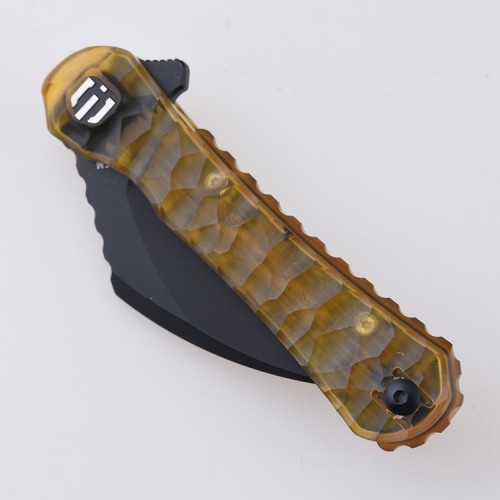 Shieldon Scythe Folding Knife 2.92" Titanium Coating 154CM Steel Hawkbill Point Blade with Amber PEI Transparent Handle & Reversible Wire Pocket Clip