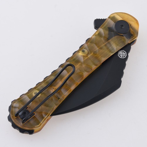 Shieldon Scythe Folding Knife 2.92" Titanium Coating 154CM Steel Hawkbill Point Blade with Amber PEI Transparent Handle & Reversible Wire Pocket Clip