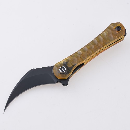 Shieldon Scythe Folding Knife 2.92" Titanium Coating 154CM Steel Hawkbill Point Blade with Amber PEI Transparent Handle & Reversible Wire Pocket Clip