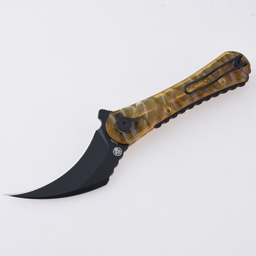 Shieldon Scythe Folding Knife 2.92" Titanium Coating 154CM Steel Hawkbill Point Blade with Amber PEI Transparent Handle & Reversible Wire Pocket Clip