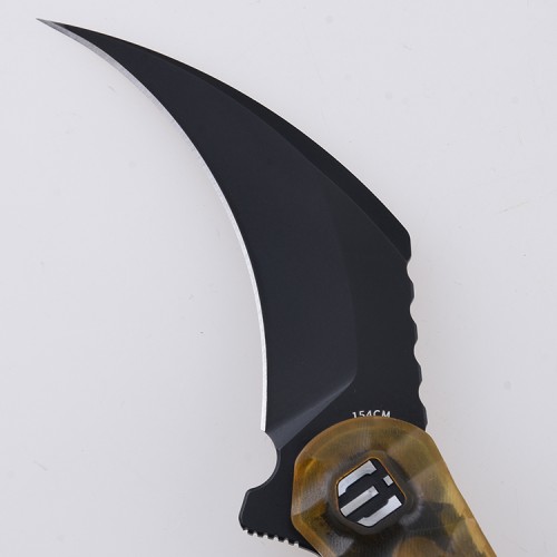 Shieldon Scythe Folding Knife 2.92" Titanium Coating 154CM Steel Hawkbill Point Blade with Amber PEI Transparent Handle & Reversible Wire Pocket Clip