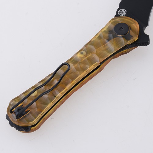 Shieldon Scythe Folding Knife 2.92" Titanium Coating 154CM Steel Hawkbill Point Blade with Amber PEI Transparent Handle & Reversible Wire Pocket Clip