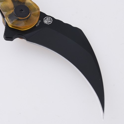 Shieldon Scythe Folding Knife 2.92" Titanium Coating 154CM Steel Hawkbill Point Blade with Amber PEI Transparent Handle & Reversible Wire Pocket Clip