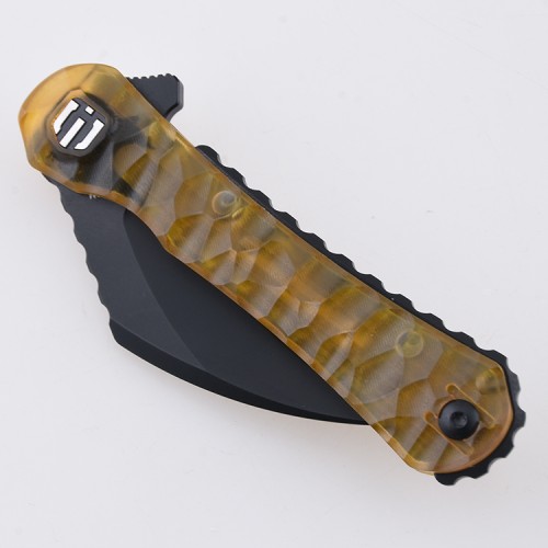 Shieldon Scythe Folding Knife 2.92" Titanium Coating 154CM Steel Hawkbill Point Blade with Amber PEI Transparent Handle & Reversible Wire Pocket Clip