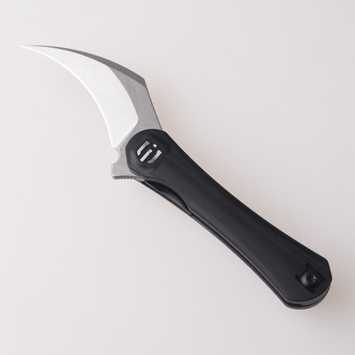 Shieldon Scythe Folding Knife 2.55" Satin Finish 154CM Steel Hawkbill Point Blade with Black G10 Handle & Reversible Wire Pocket Clip