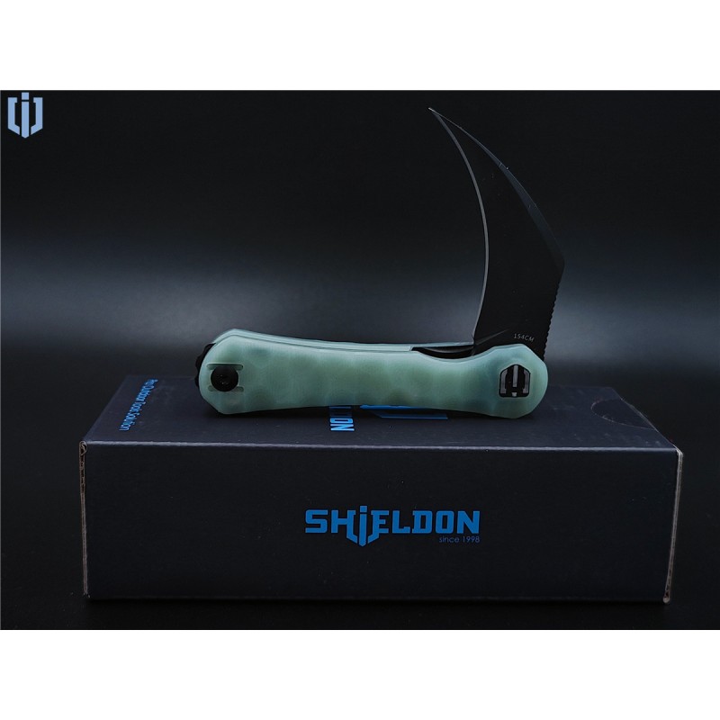 Shieldon Scythe Folding Knife 2.55" Diamond Like Coating 154CM Steel Hawkbill Point Blade with Jade G10 Handle & Reversible Wire Pocket Clip 