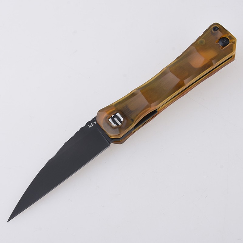 Shieldon REV Folding Knife 3.25" DLC Coating 154CM Steel Pikal Point Blade with Amber PEI Handle & Reversible Wire Pocket Clip