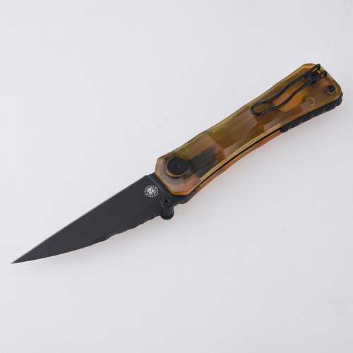 Shieldon REV Folding Knife 3.25" DLC Coating 154CM Steel Pikal Point Blade with Amber PEI Handle & Reversible Wire Pocket Clip