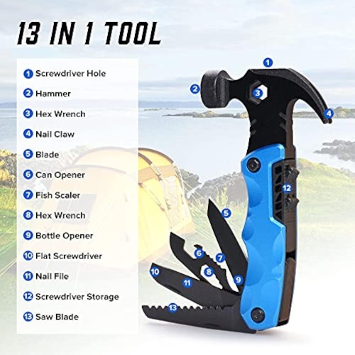 Survival Hammer, Multitool Camping Accessories,13 in 1 Survival Tools Pocket Cool Gadgets, Emergency Escape Car Safety Emergency Accessories, Valentines Day/Birthday/Father's Day Gift