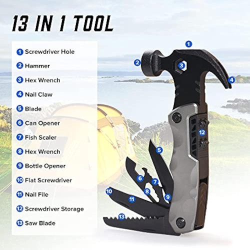 Survival Hammer, Multitool Camping Accessories,13 in 1 Survival Tools Pocket Cool Gadgets, Emergency Escape Car Safety Emergency Accessories, Valentines Day/Birthday/Father's Day Gift 