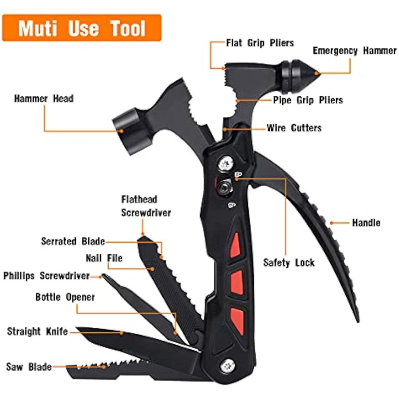 Survival Hammer Multitool, Camping Accessories Christmas Gifts for Men Dad, 12 in 1 Pocket Cool Gadgets, Emergency Escape Car Safety Emergency Accessories Survival Gear and Equipment 