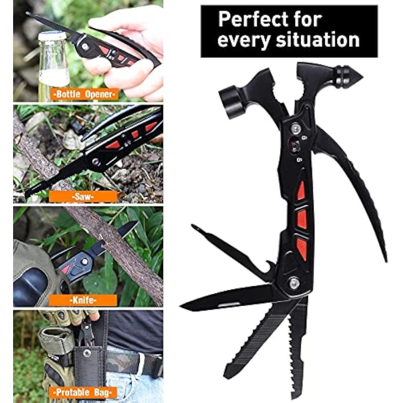 Survival Hammer Multitool, Camping Accessories Christmas Gifts for Men Dad, 12 in 1 Pocket Cool Gadgets, Emergency Escape Car Safety Emergency Accessories Survival Gear and Equipment 